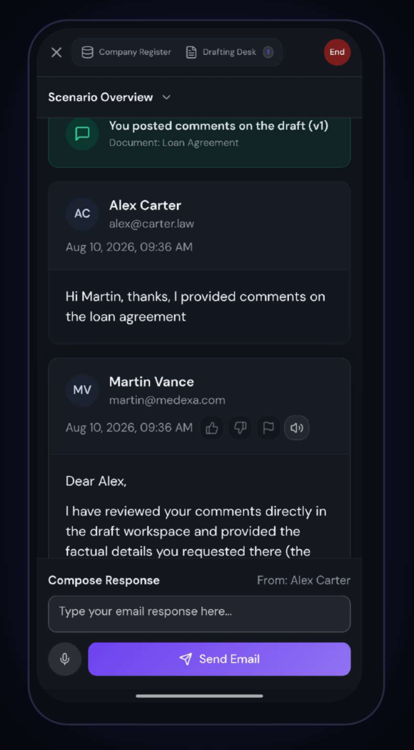 LXVerse app on a phone: a scenario inbox showing a colleague's comments on a loan agreement draft, the client's email reply and a compose-response field.